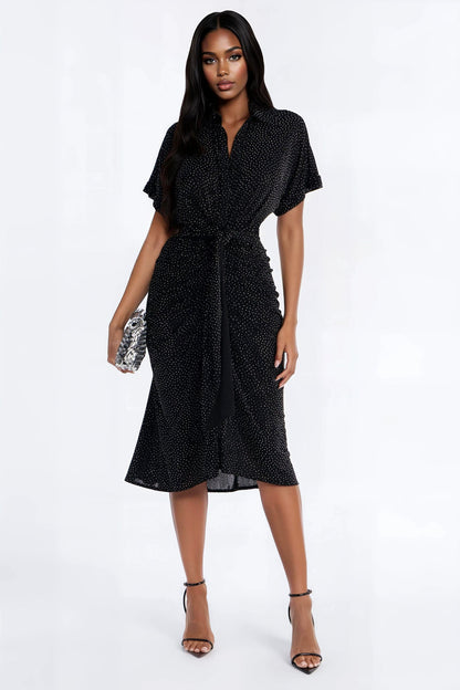 City Mood Rhinestone Slinky Midi Dress - Black