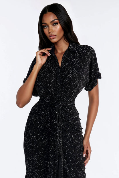 City Mood Rhinestone Slinky Midi Dress - Black