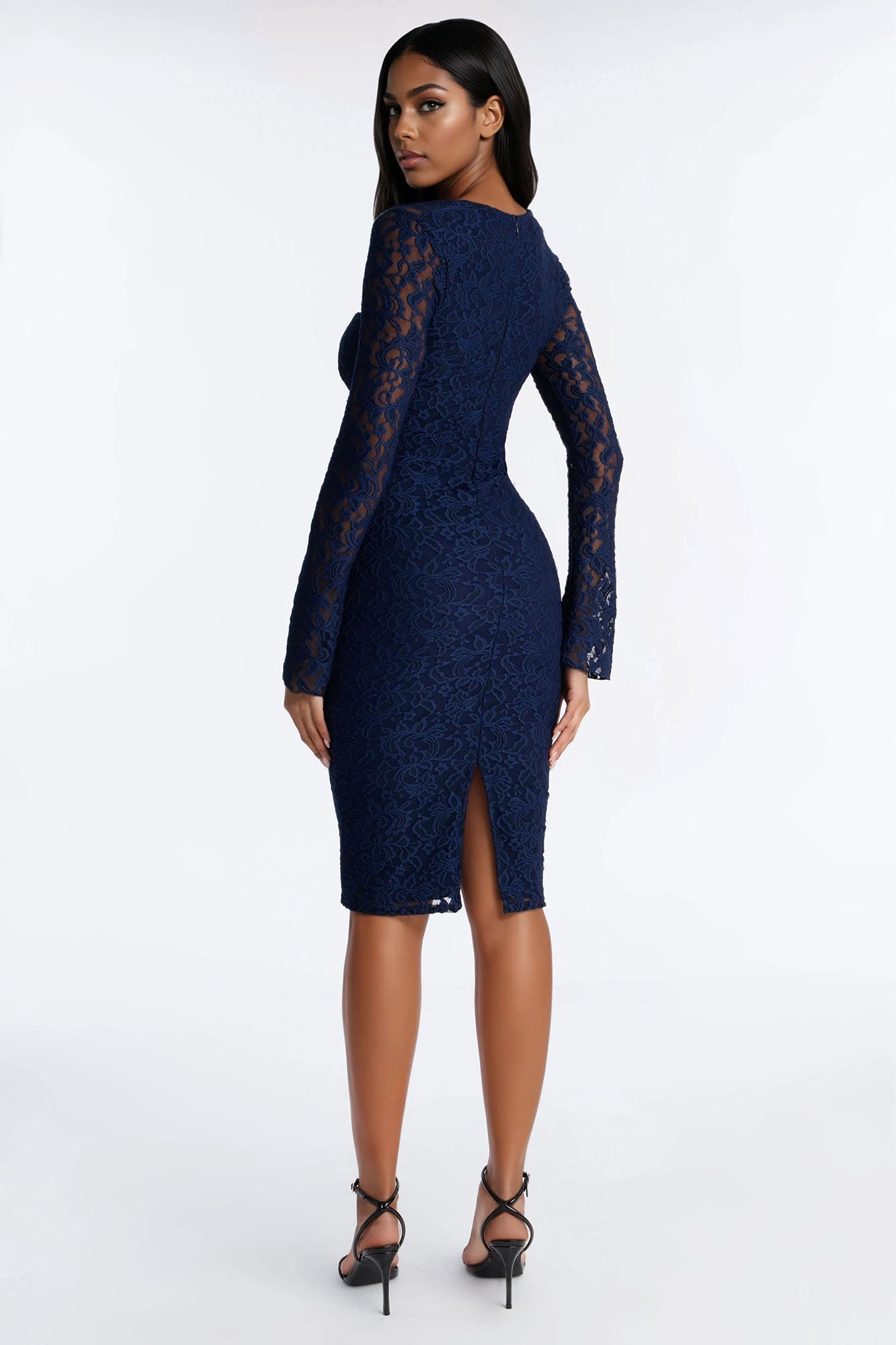 Marianna Long Sleeve Lace Midi Dress - Navy