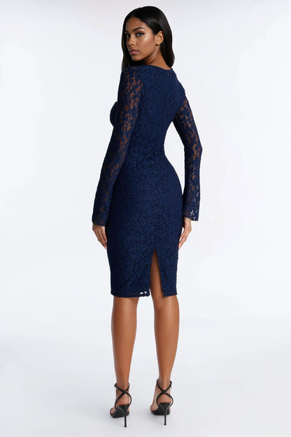 Marianna Long Sleeve Lace Midi Dress - Navy