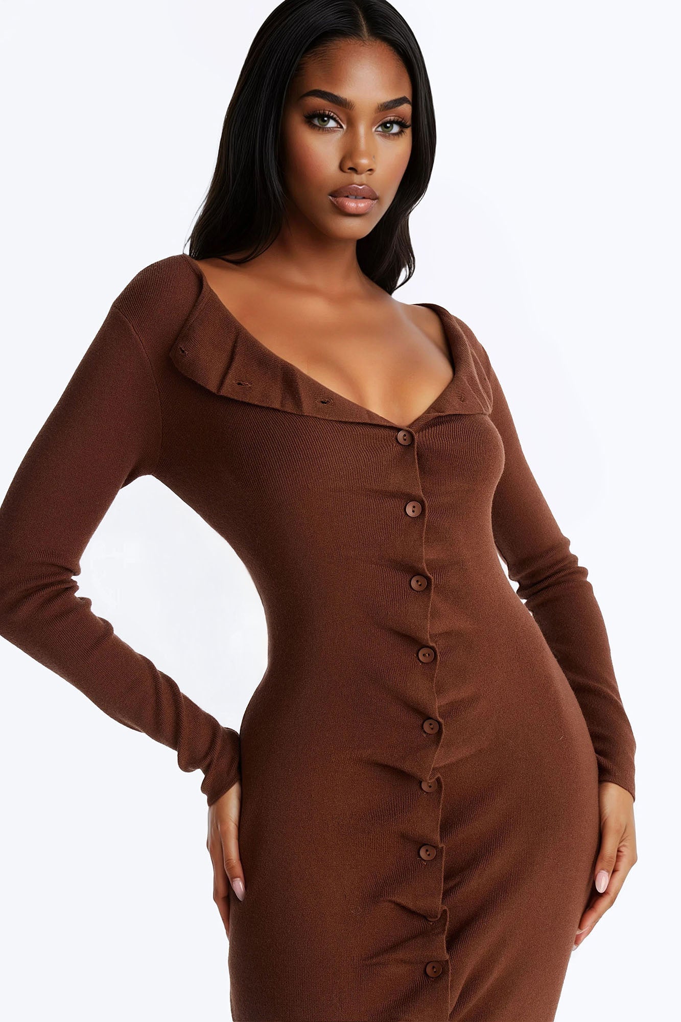 Jaime Sweater Button Up Midi Dress - Brown