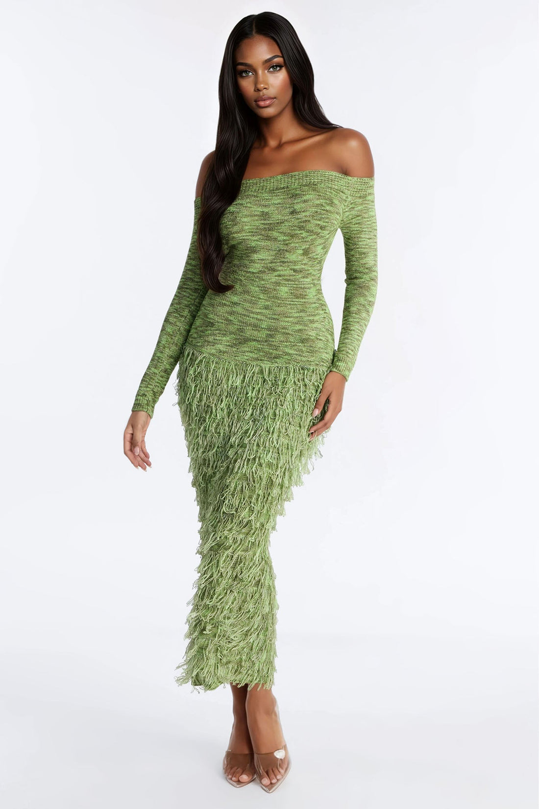 Kimberly Fringe Off Shoulder Sweater Maxi Dress - Green