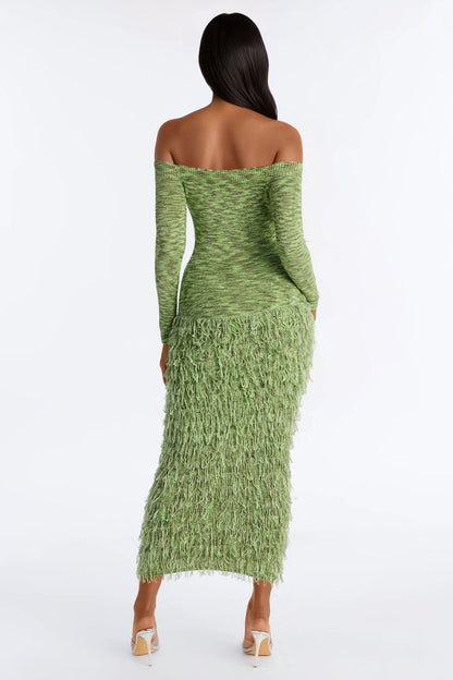 Kimberly Fringe Off Shoulder Sweater Maxi Dress - Green