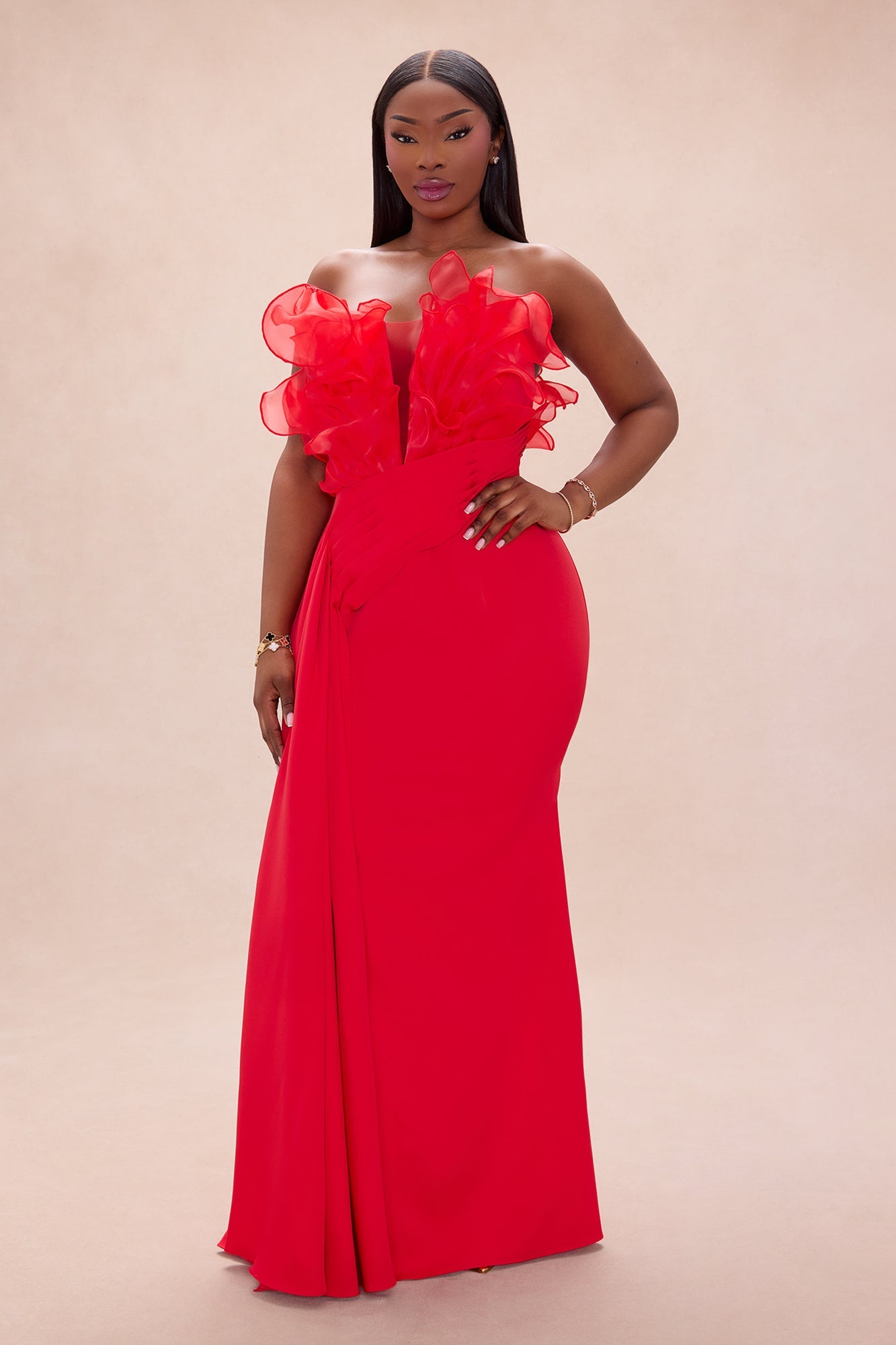 Karolyn Draped Ruffle Gown - Red