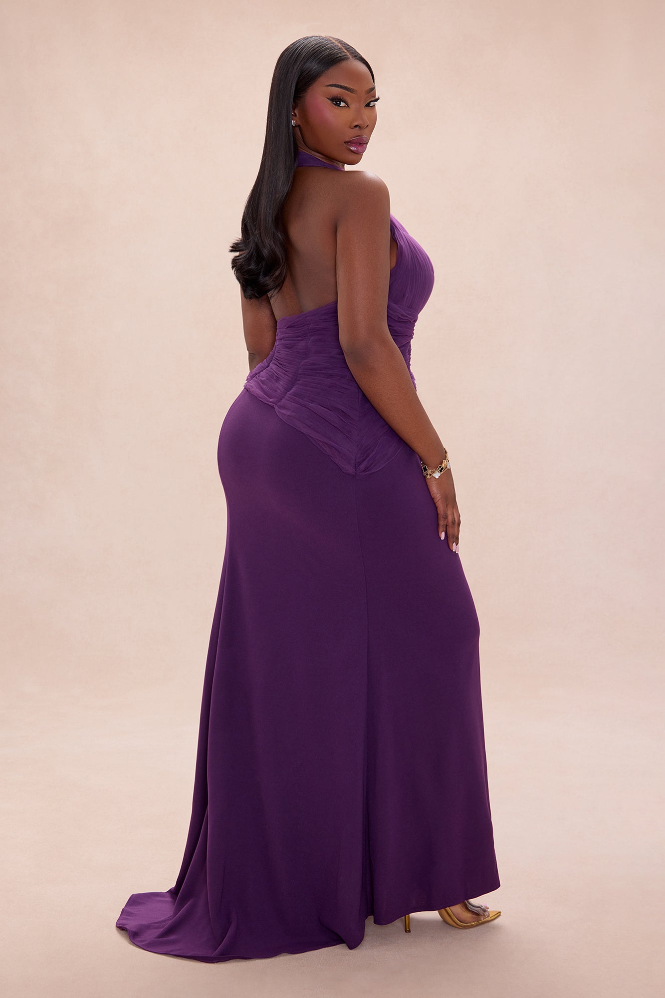 Madeline Ruched Halter Maxi Dress - Plum