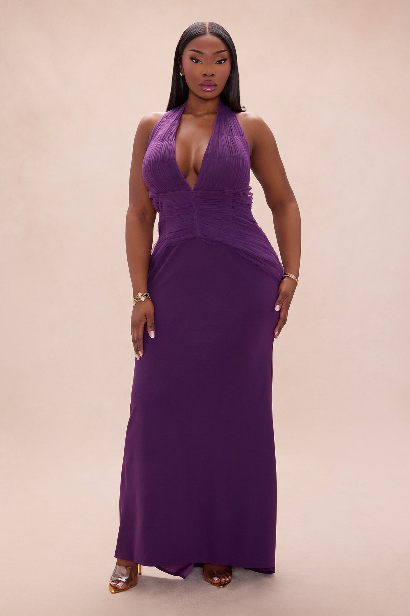 Madeline Ruched Halter Maxi Dress - Plum