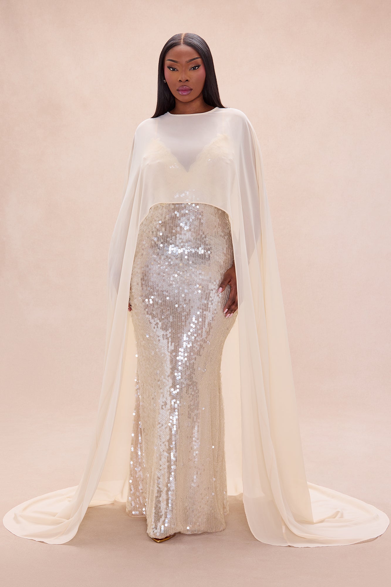 Ophelia Cape Sequin Maxi Dress - Champagne