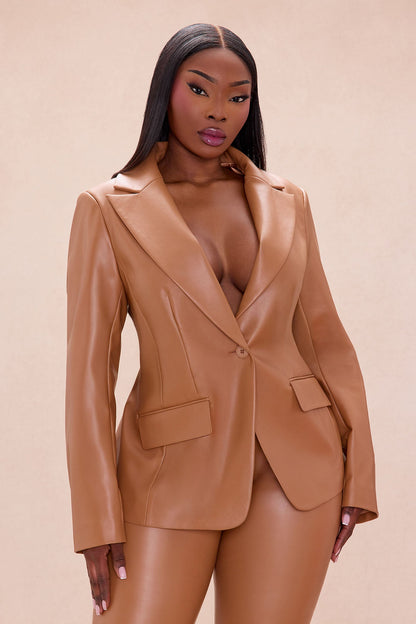 Everly Faux Leather Blazer Pant Set - Camel