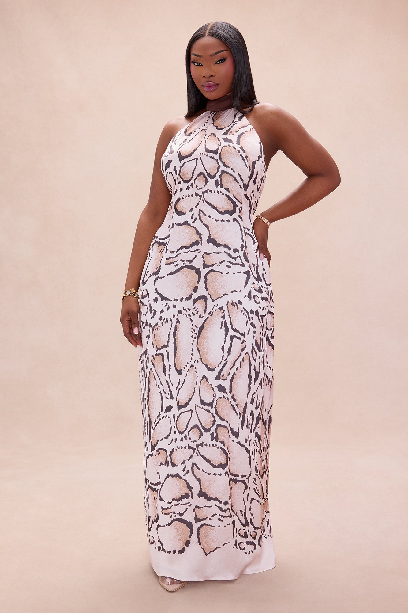 Raelynn Satin Halter Maxi Dress - Brown/combo
