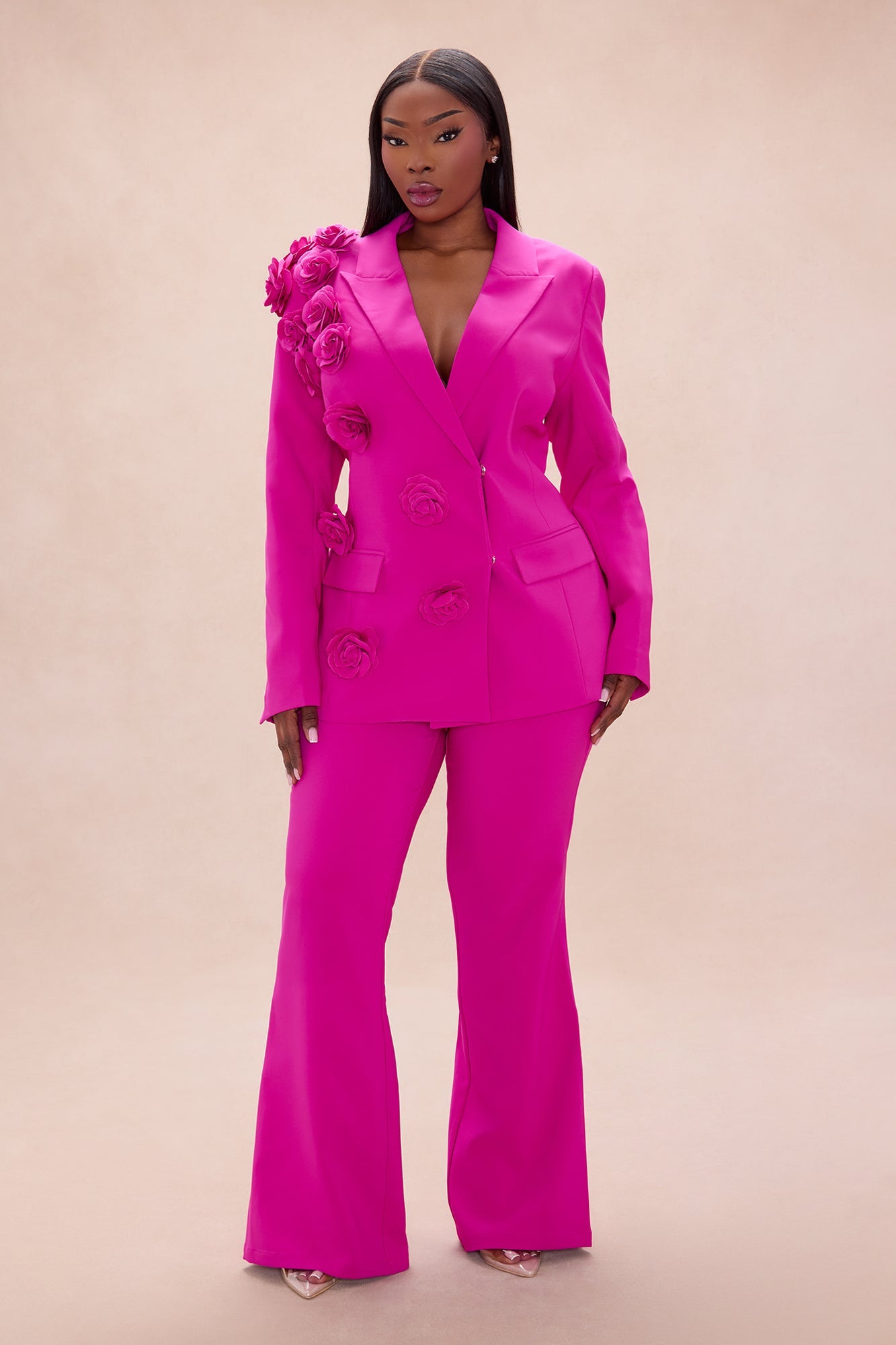 Arden Floral Applique Blazer Pant Set - Hot Pink