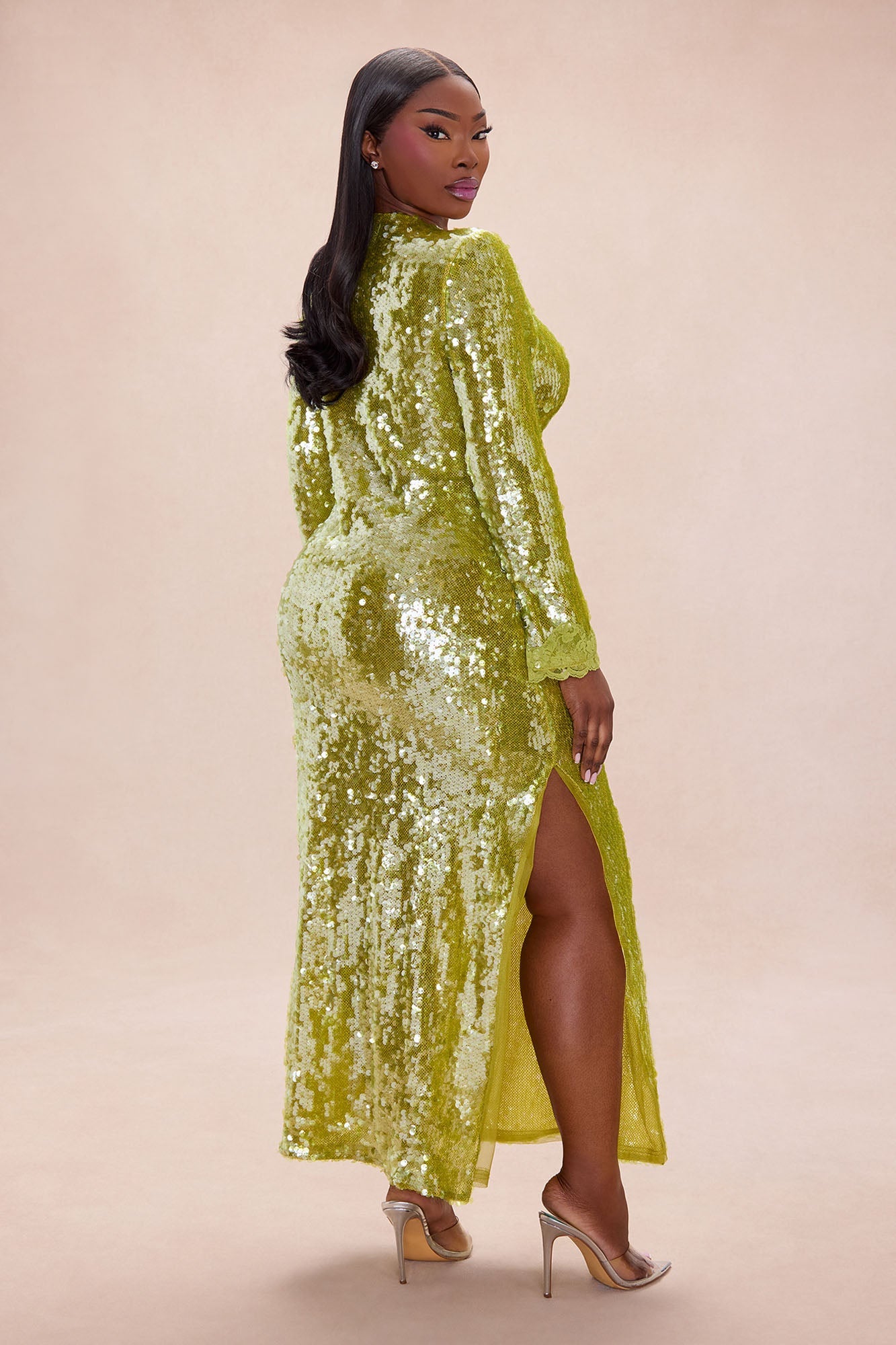 Ophelia Lace Trim Sequin Maxi Dress - Chartreuse