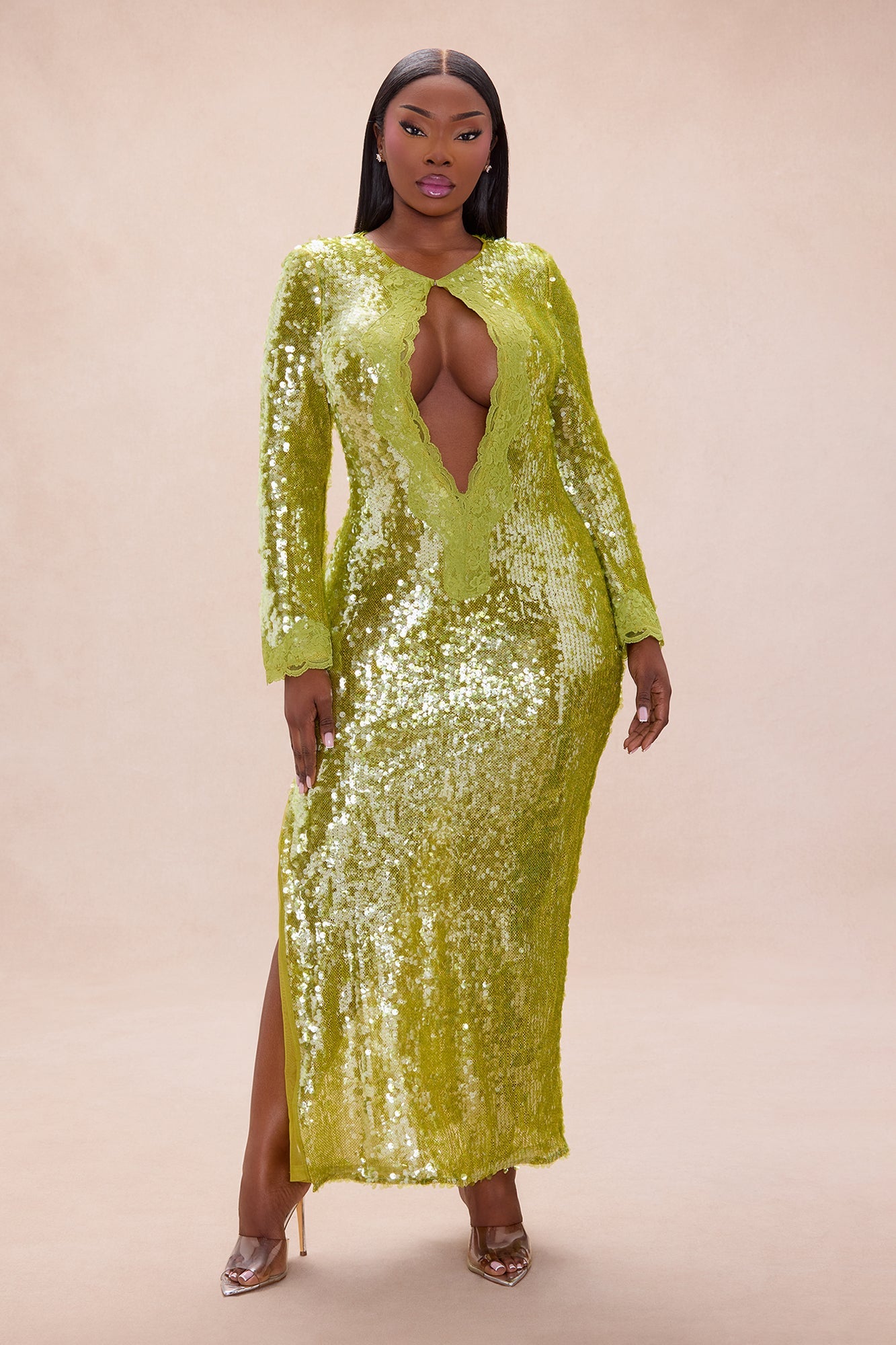 Ophelia Lace Trim Sequin Maxi Dress - Chartreuse