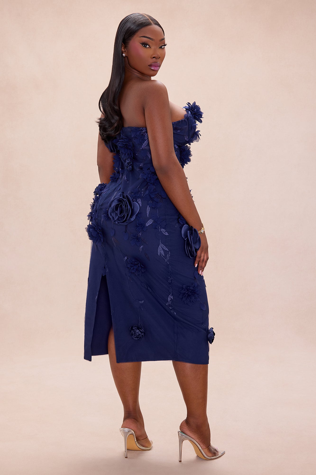 Tiana Strapless Floral Midi Dress - Navy