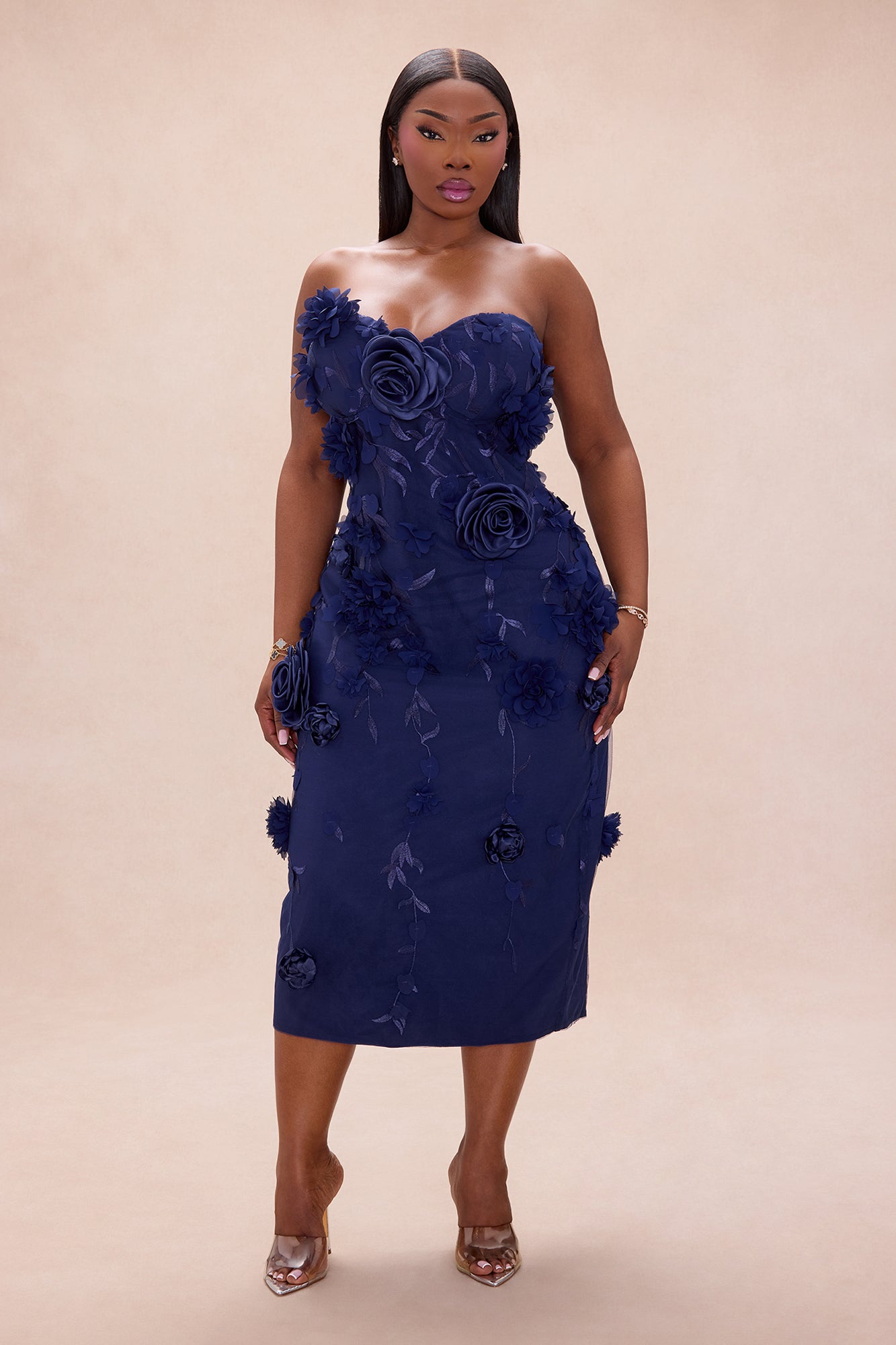 Tiana Strapless Floral Midi Dress - Navy