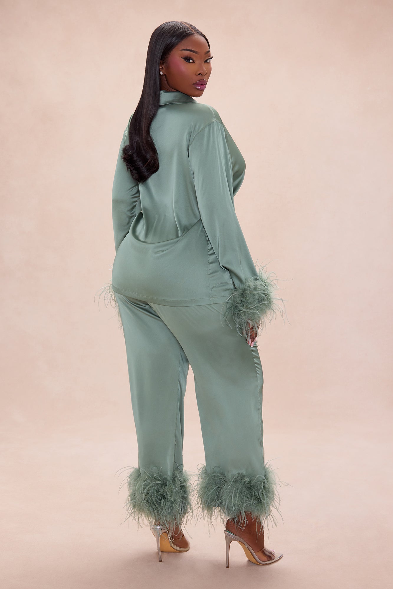 Regina Feathered Satin Pant Set - Sage