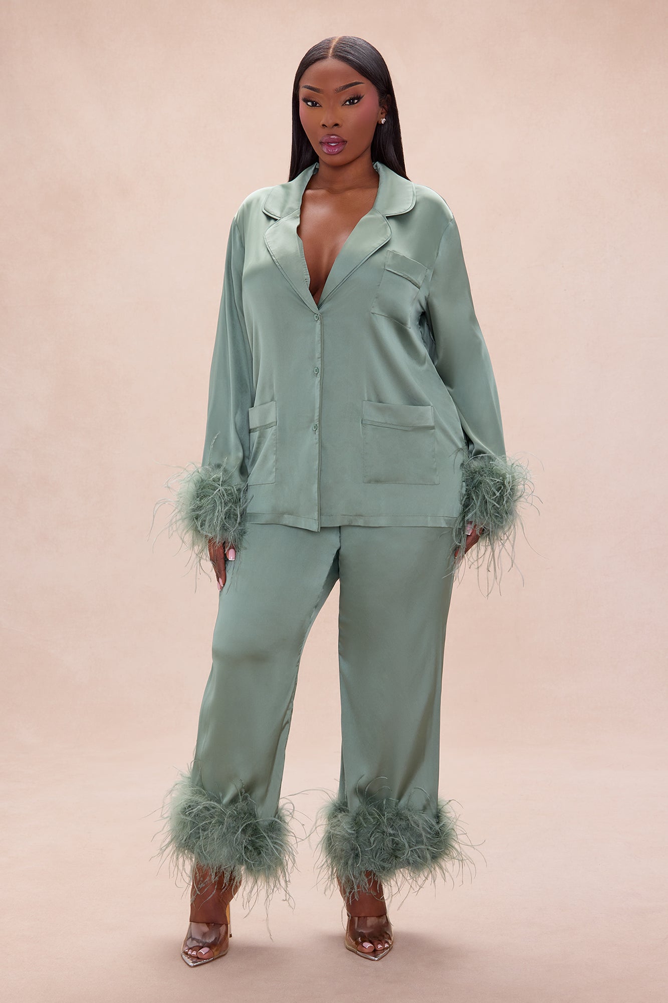 Regina Feathered Satin Pant Set - Sage