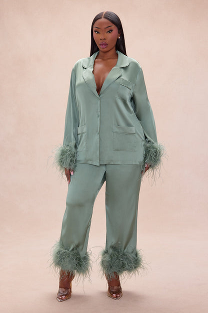 Regina Feathered Satin Pant Set - Sage