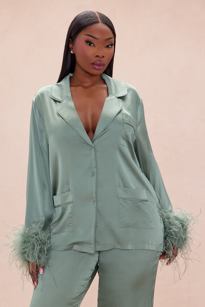 Regina Feathered Satin Pant Set - Sage