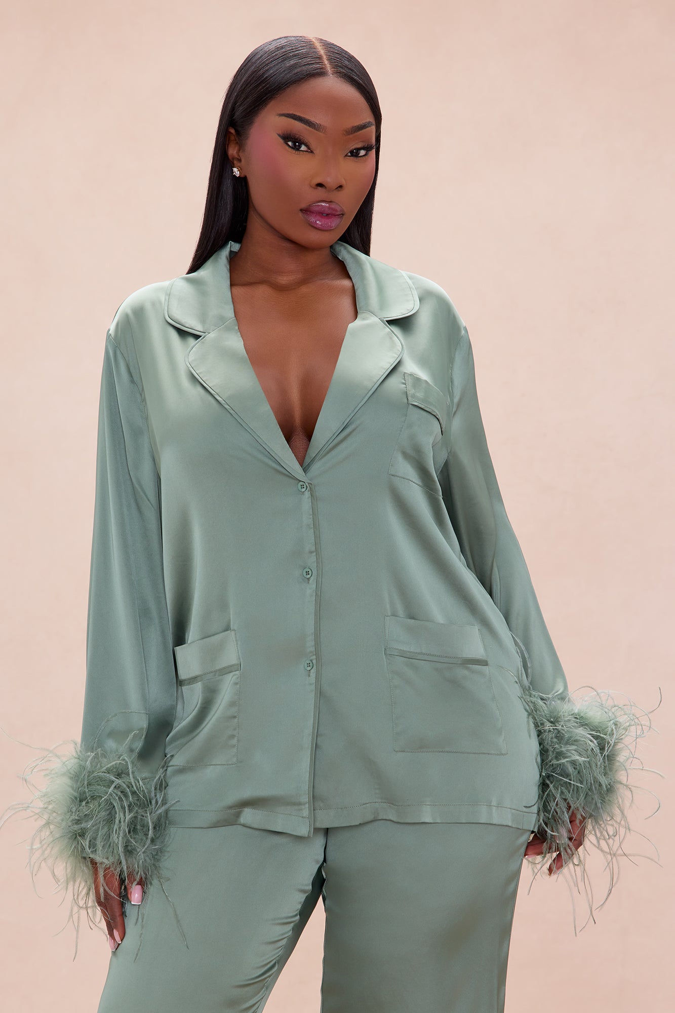 Regina Feathered Satin Pant Set - Sage