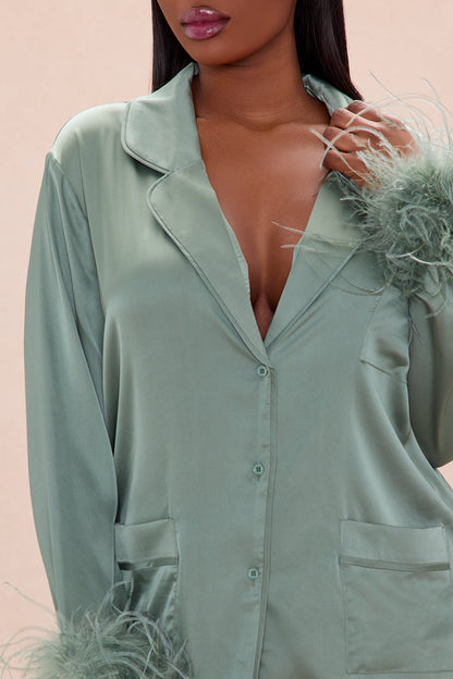 Regina Feathered Satin Pant Set - Sage