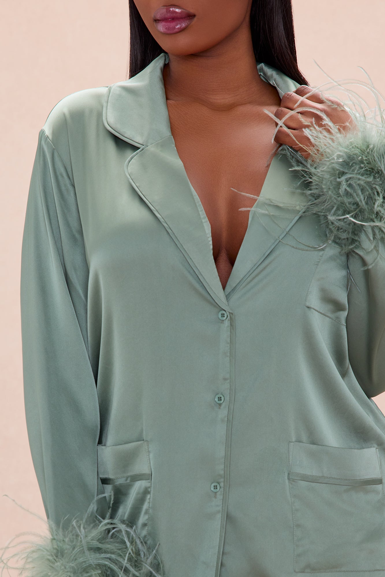 Regina Feathered Satin Pant Set - Sage