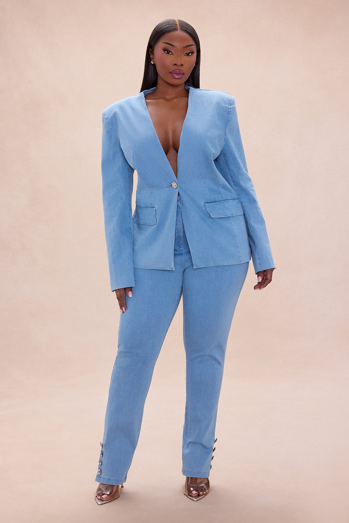 Shantel Denim Blazer Pant Set - Light Wash