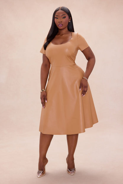 Jaclyn Faux Leather Midi Dress - Camel