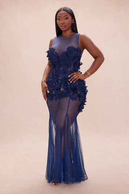 Willow Sheer Embroidered Maxi Dress - Navy