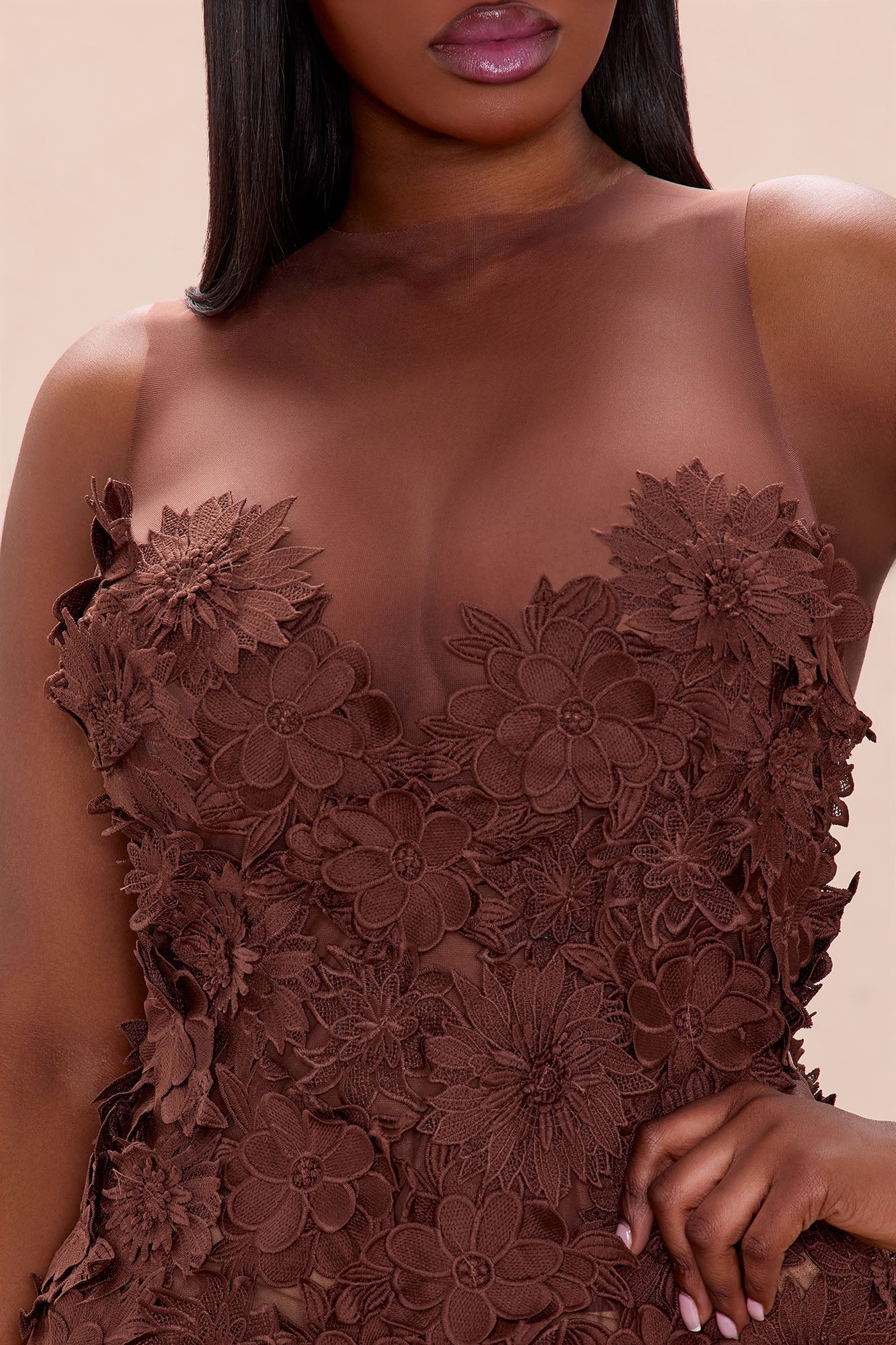 Willow Sheer Embroidered Maxi Dress - Chocolate