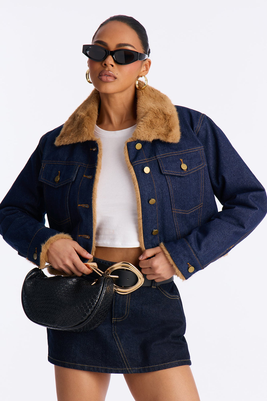 Like A Teddy Faux Fur Lined Denim Jacket - Dark Denim