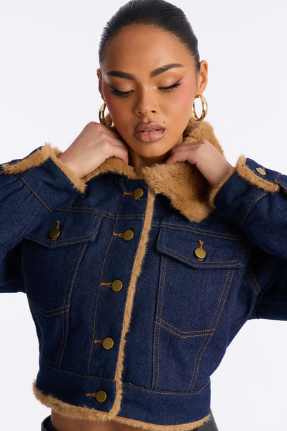 Like A Teddy Faux Fur Lined Denim Jacket - Dark Denim