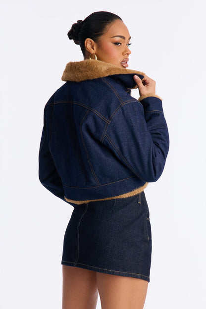 Like A Teddy Faux Fur Lined Denim Jacket - Dark Denim