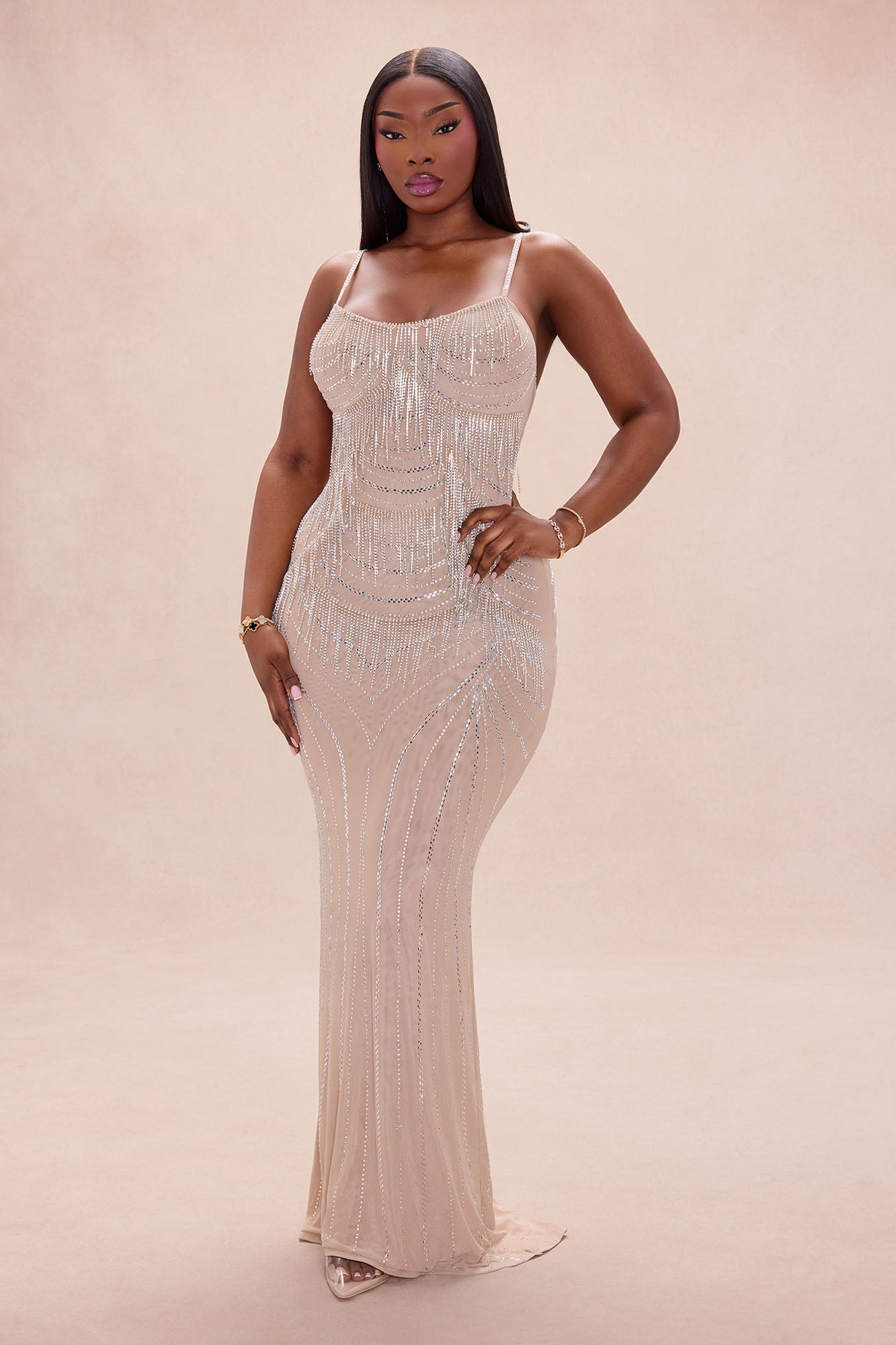 Gracelynn Rhinestone Fringe Maxi Dress - Champagne