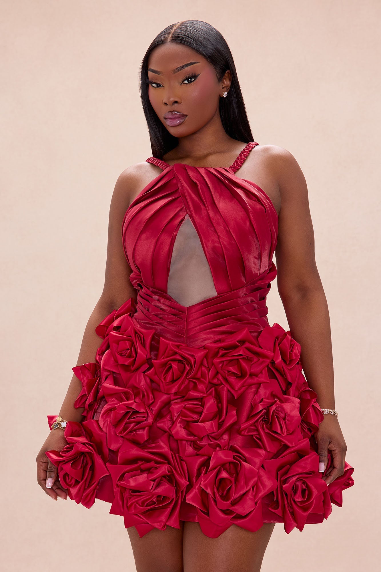 Jasmina Floral Satin Mini Dress - Red