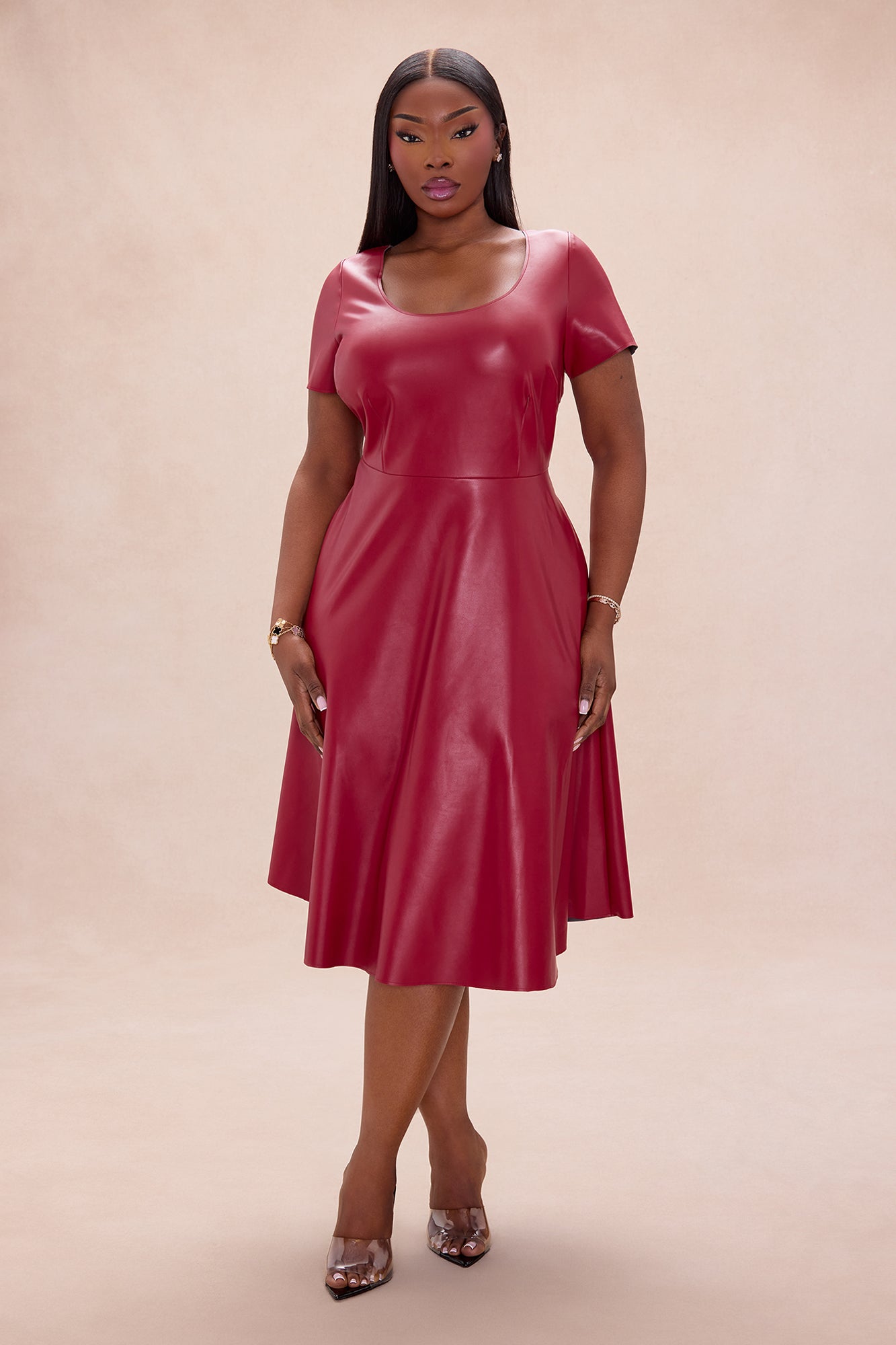 Jaclyn Faux Leather Midi Dress - Burgundy
