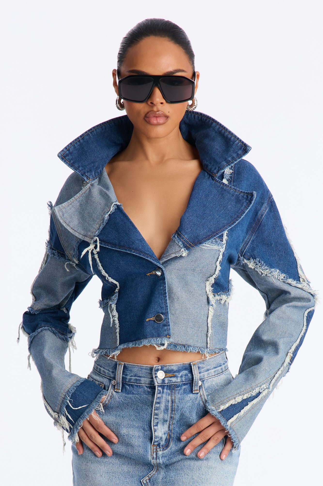 Tone It Up Cropped Patchwork Denim Blazer - Vintage Wash