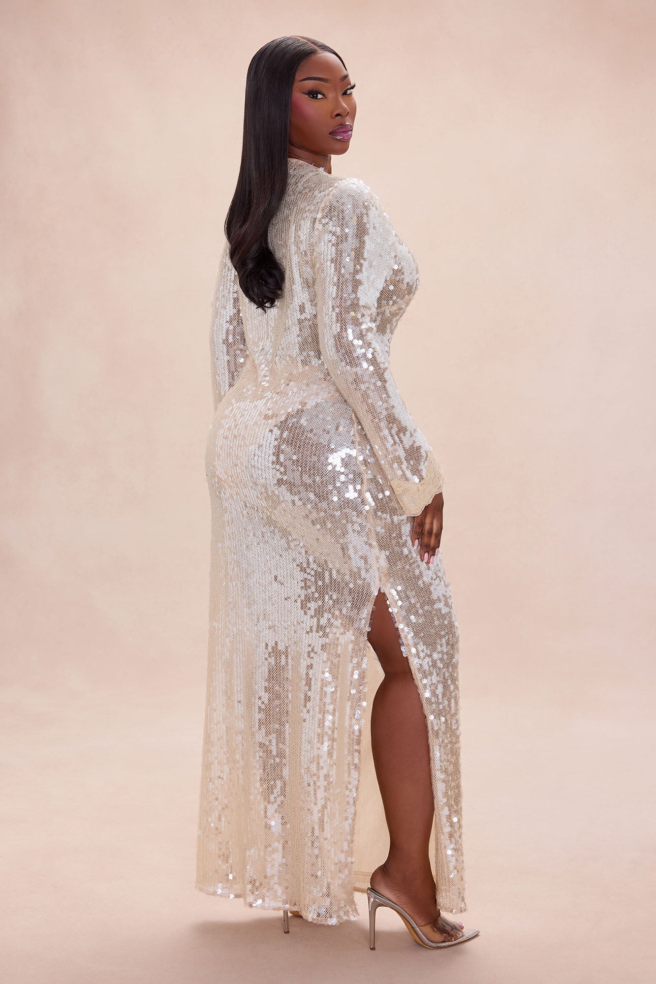 Ophelia Lace Trim Sequin Maxi Dress - Champagne