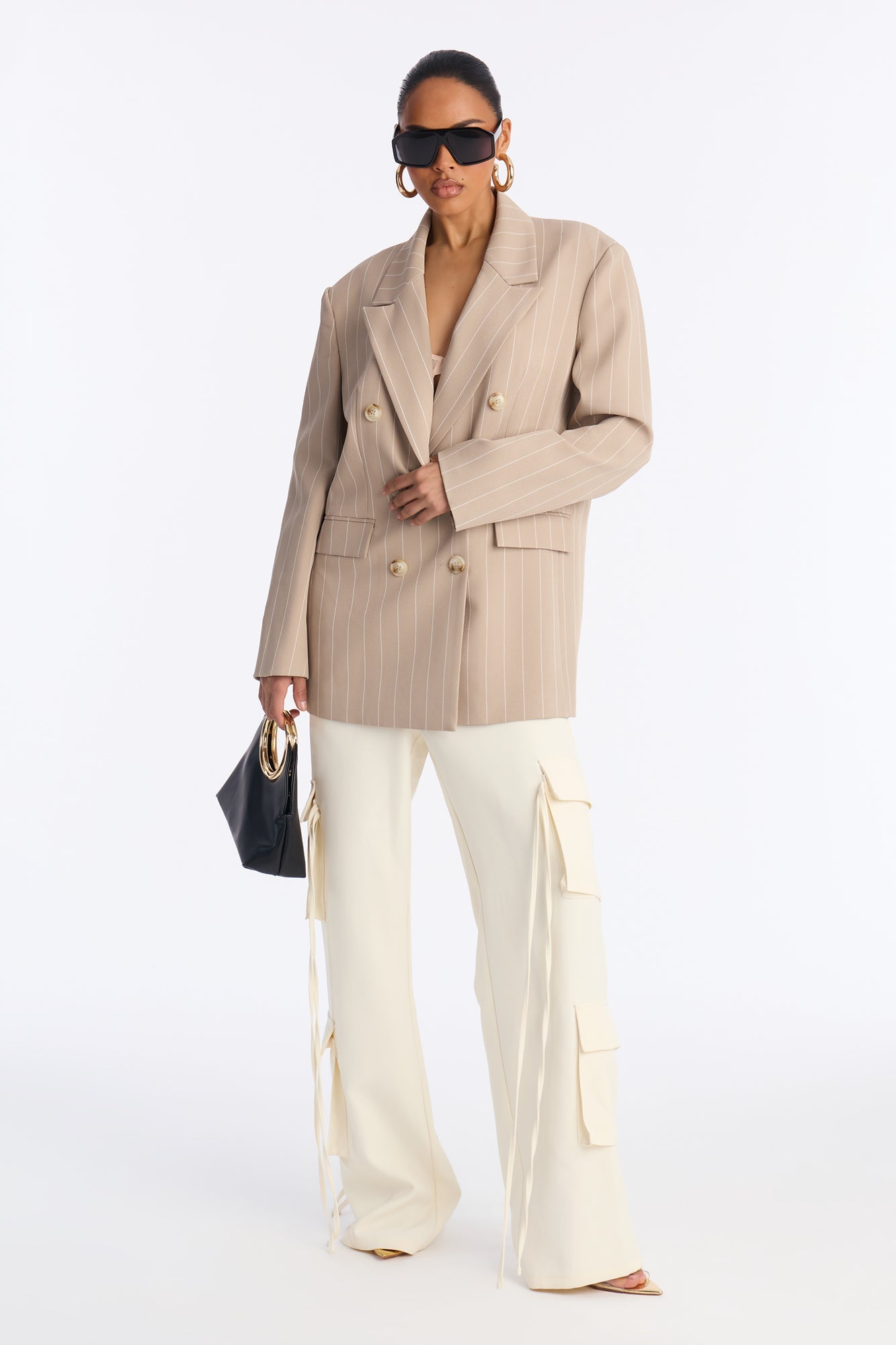 Regina Double Breasted Boyfriend Pinstripe Blazer - Stone