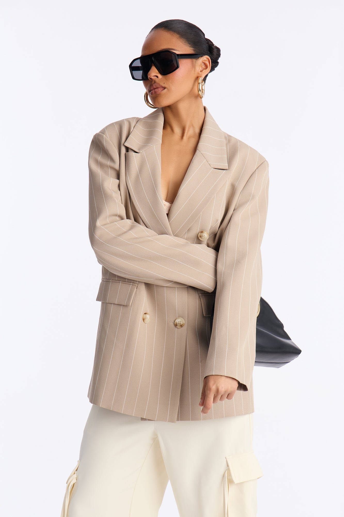 Regina Double Breasted Boyfriend Pinstripe Blazer - Stone