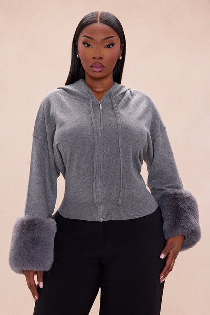 Keep Warm Fur Cuff Hoodie - Grey