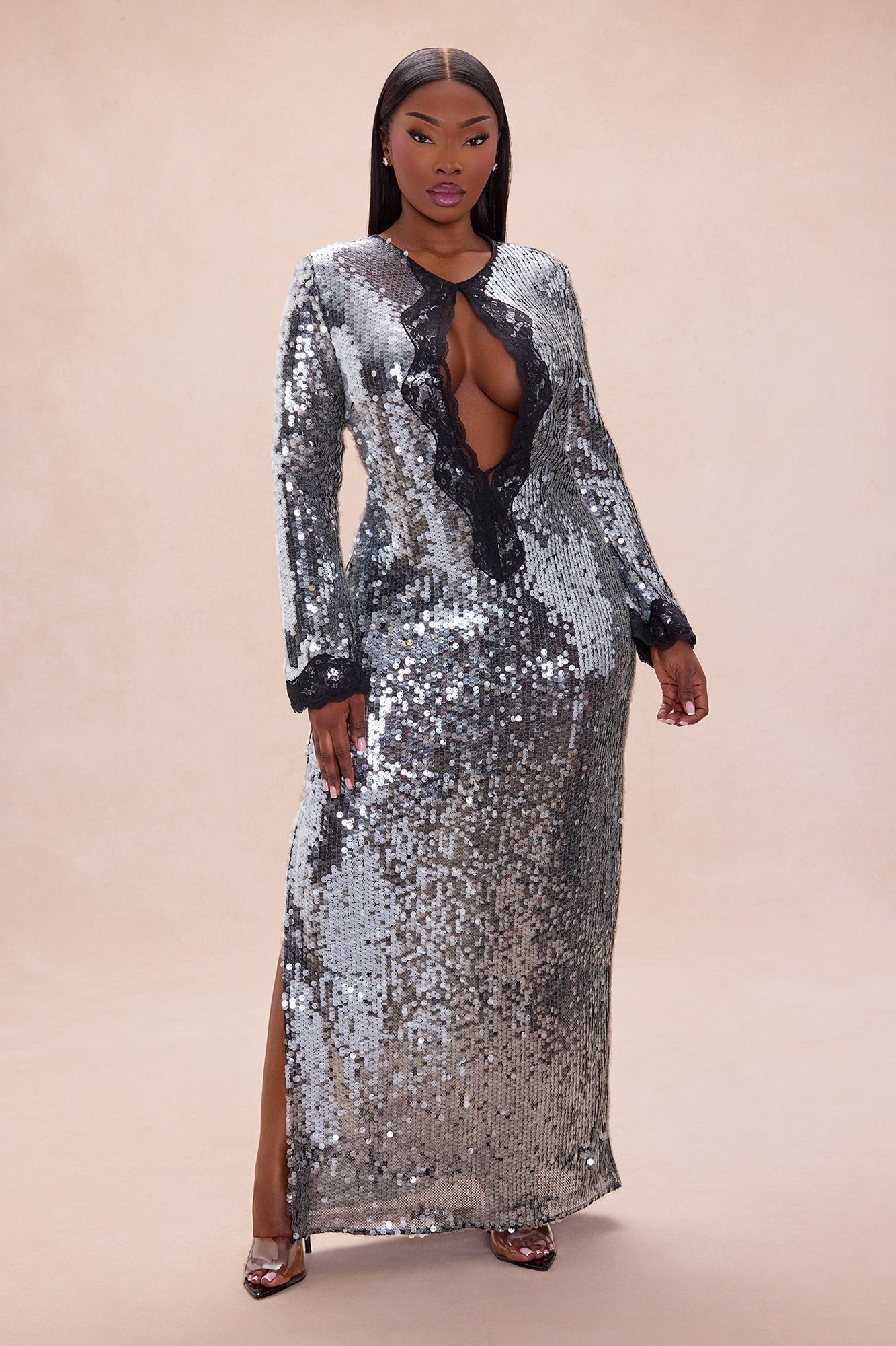 Ophelia Lace Trim Sequin Maxi Dress - Black