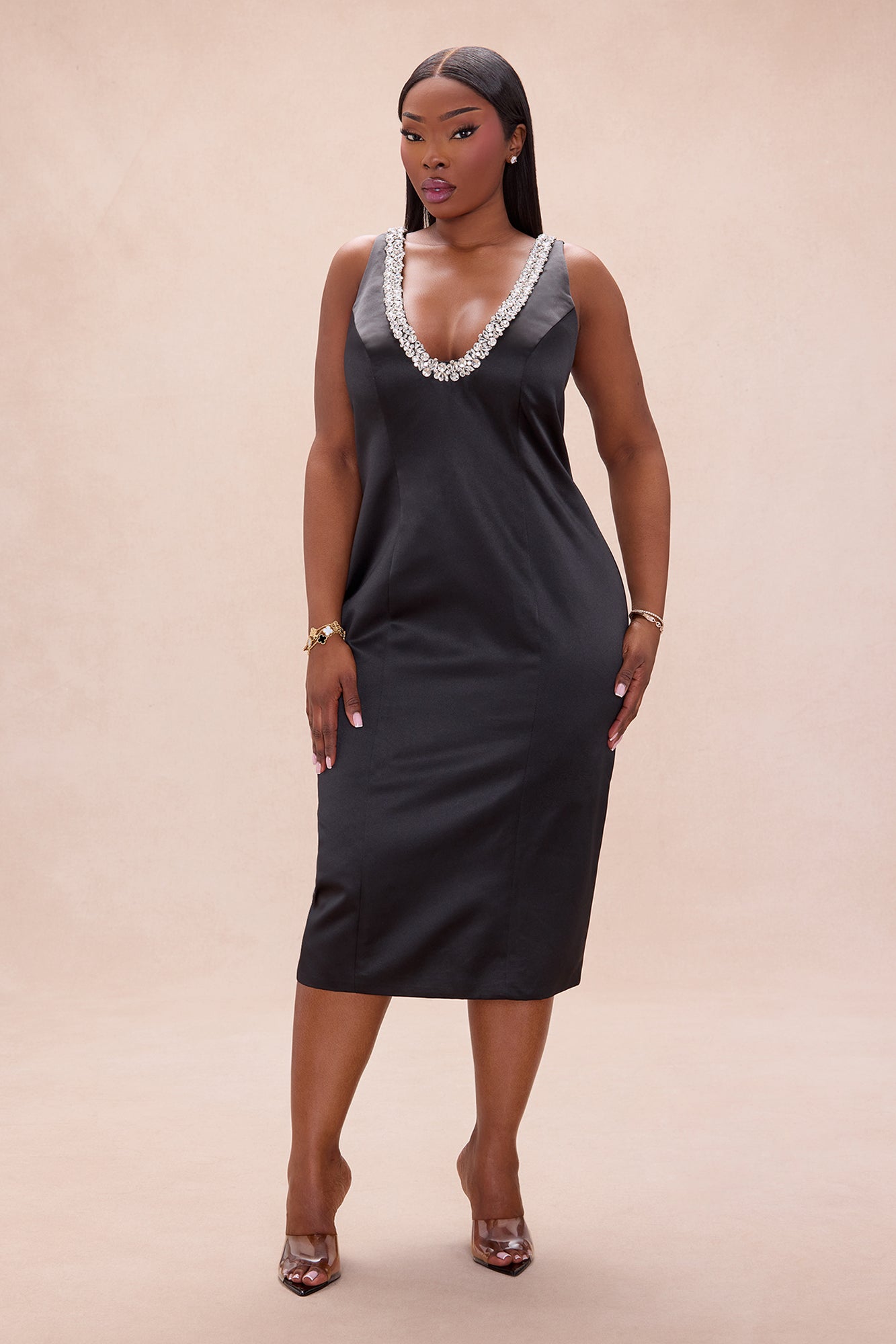 Mariah Rhinestone Satin Midi Dress - Black