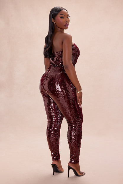 Up All Night Strapless Sequin Jumpsuit - Wine