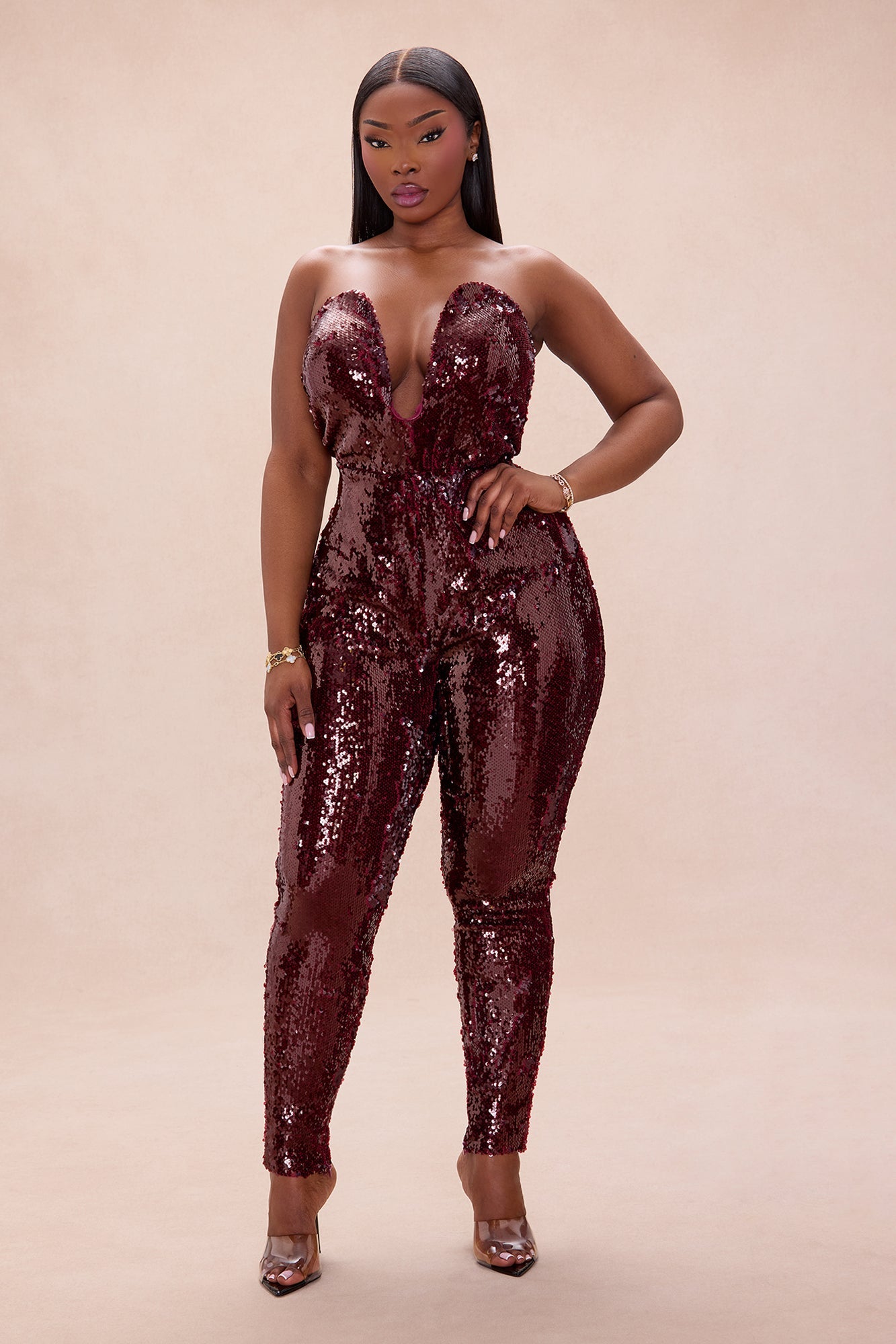 Up All Night Strapless Sequin Jumpsuit - Wine