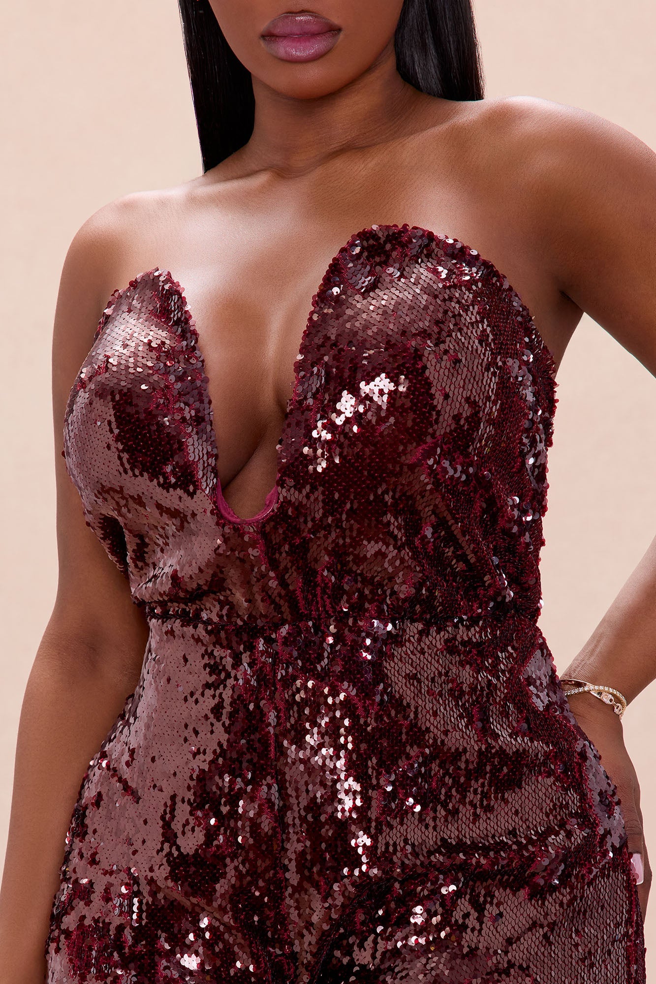 Up All Night Strapless Sequin Jumpsuit - Wine