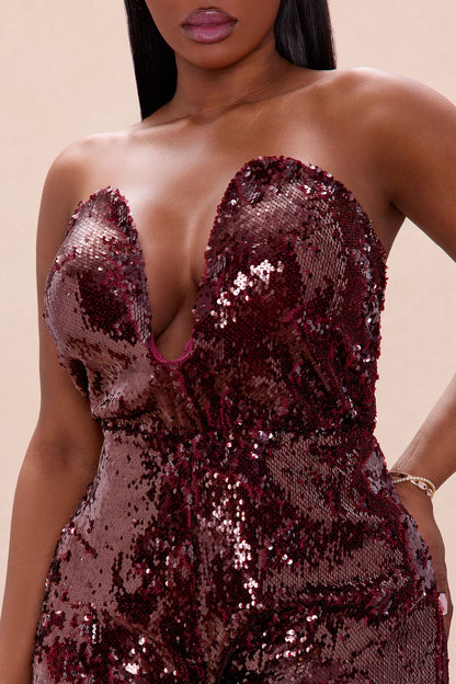 Up All Night Strapless Sequin Jumpsuit - Wine