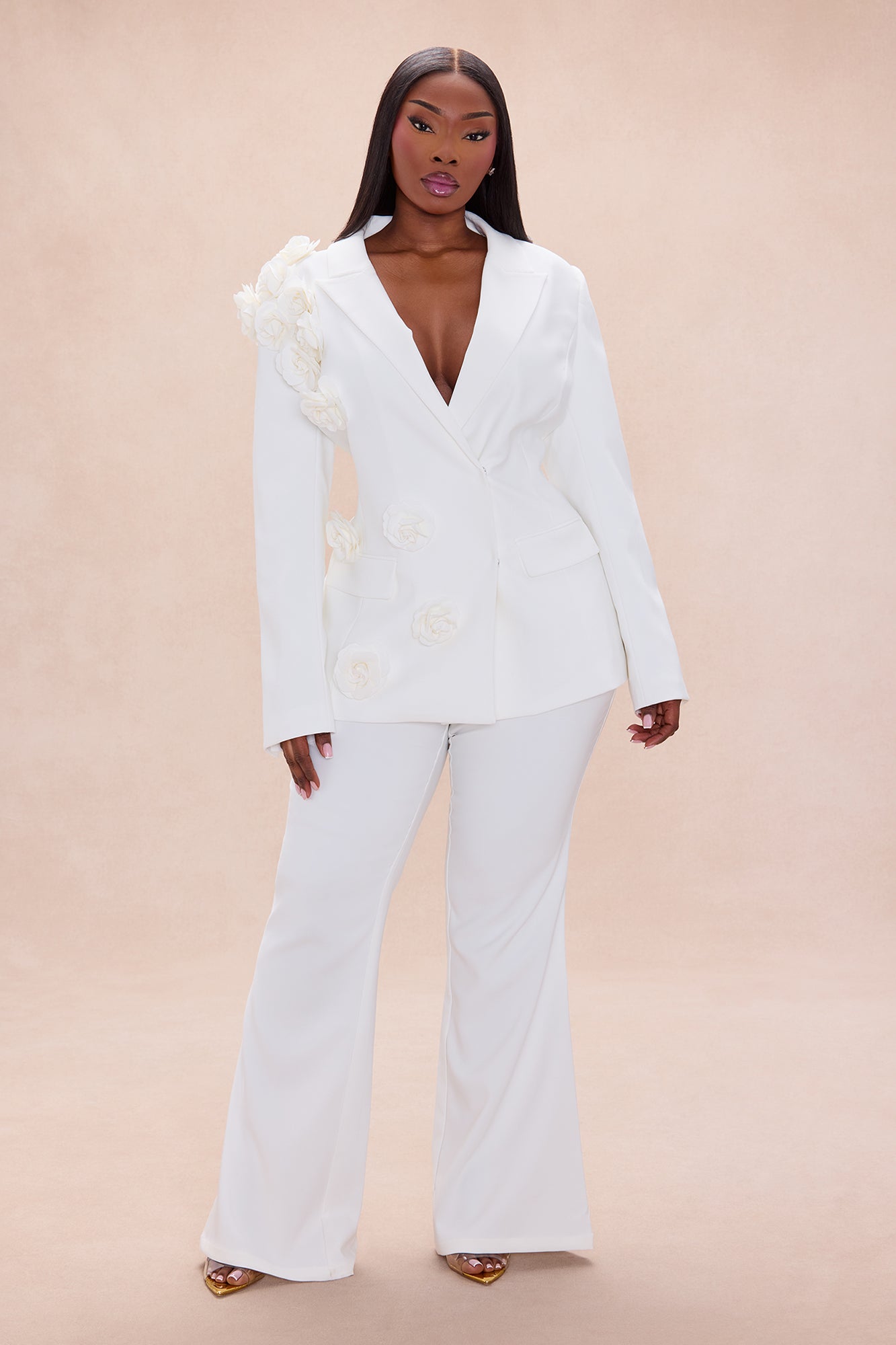 Arden Floral Applique Blazer Pant Set - White