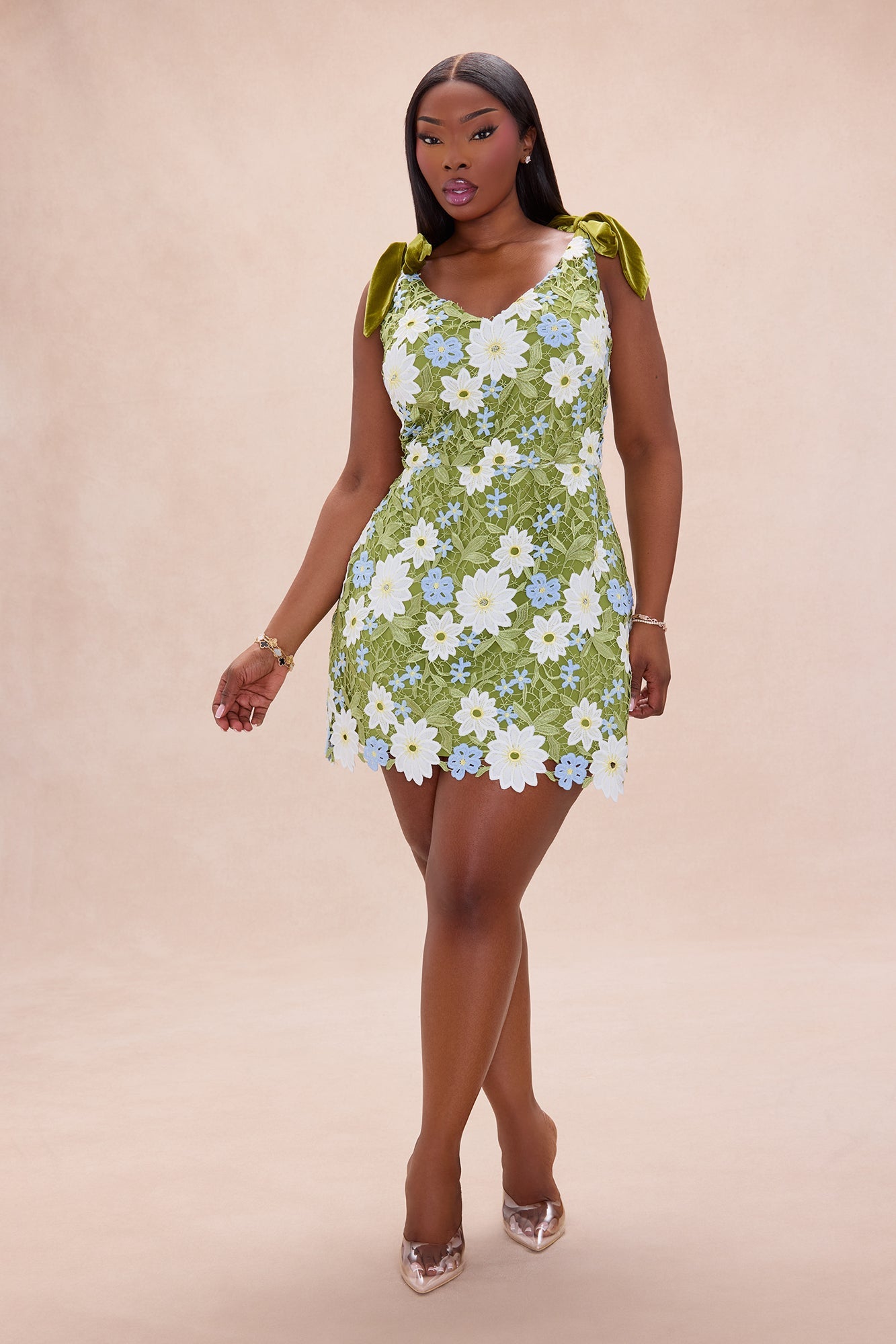 Dani Floral Embroidered Mini Dress - Chartreuse