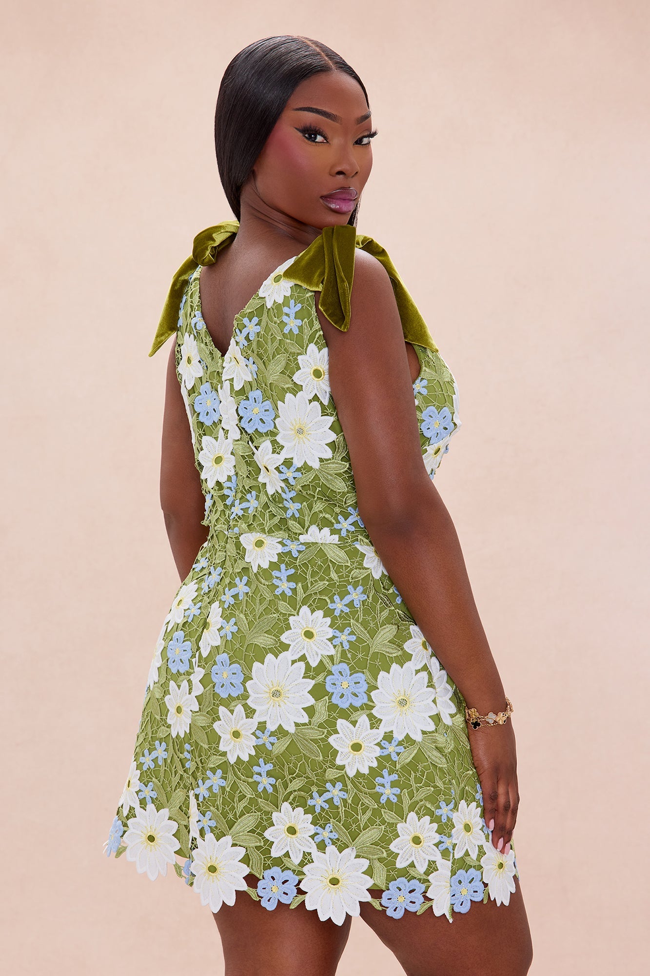 Dani Floral Embroidered Mini Dress - Chartreuse