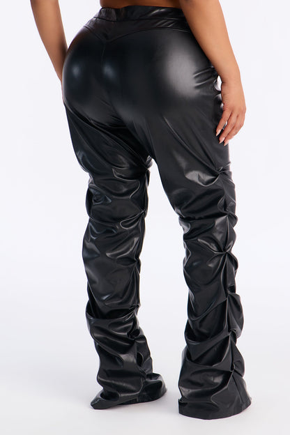 Kendra Faux Leather Stacked Pant - Black